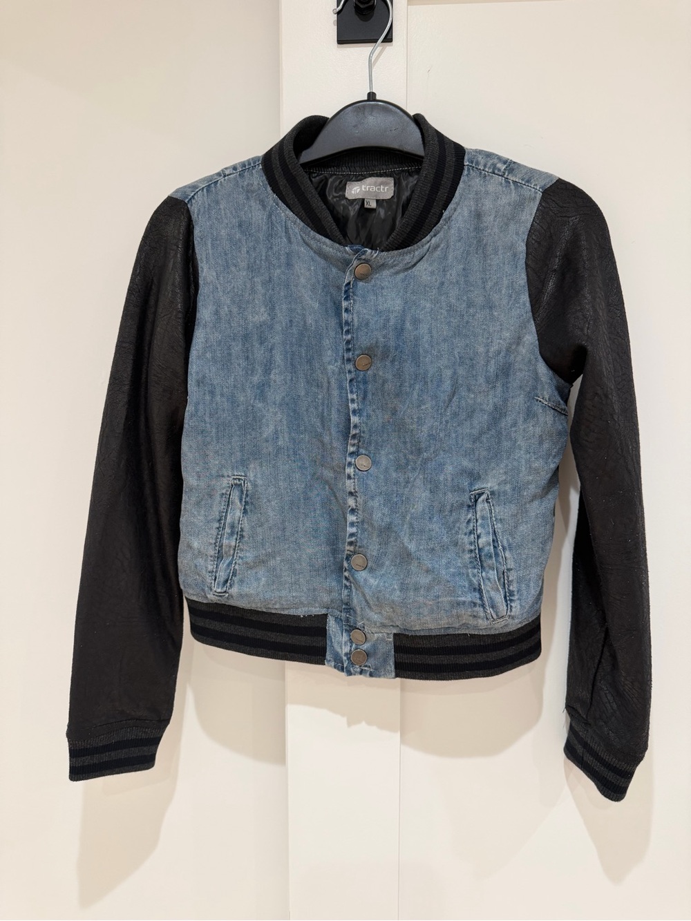 Tractr Girls Denim & Black Faux Leather Sleeve Bomber Jacket- size XL